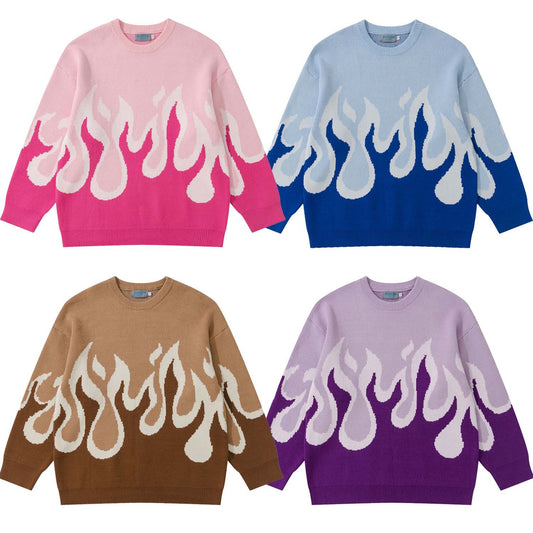 Jacquardstrikket trøje med flammerund hals Løs hiphop-casual sweater