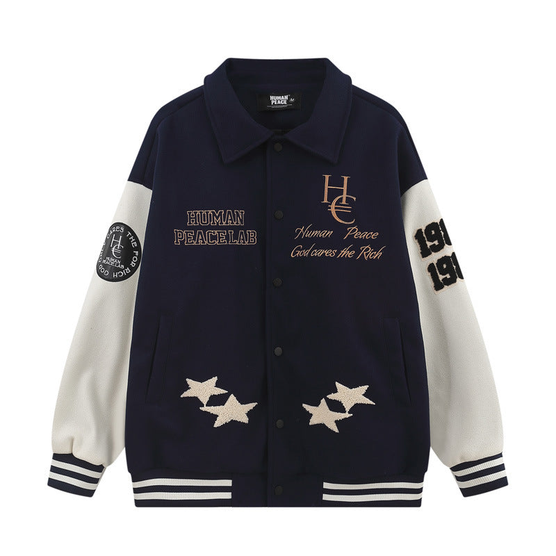 American Retro Street Trend Wool Embroidered Cardigan Baseball Jacket