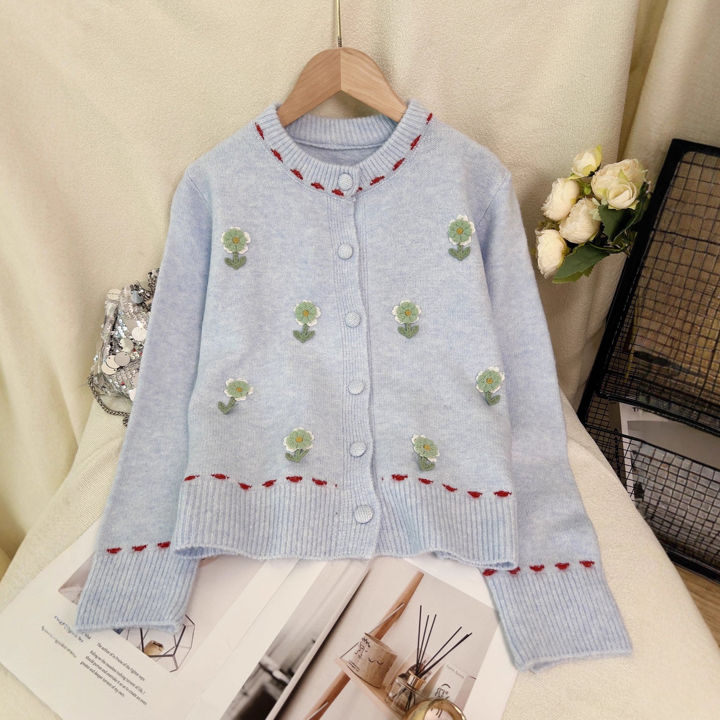 Women's Patchwork Flower Knitted Cardigan Round Neck Casual Sweater