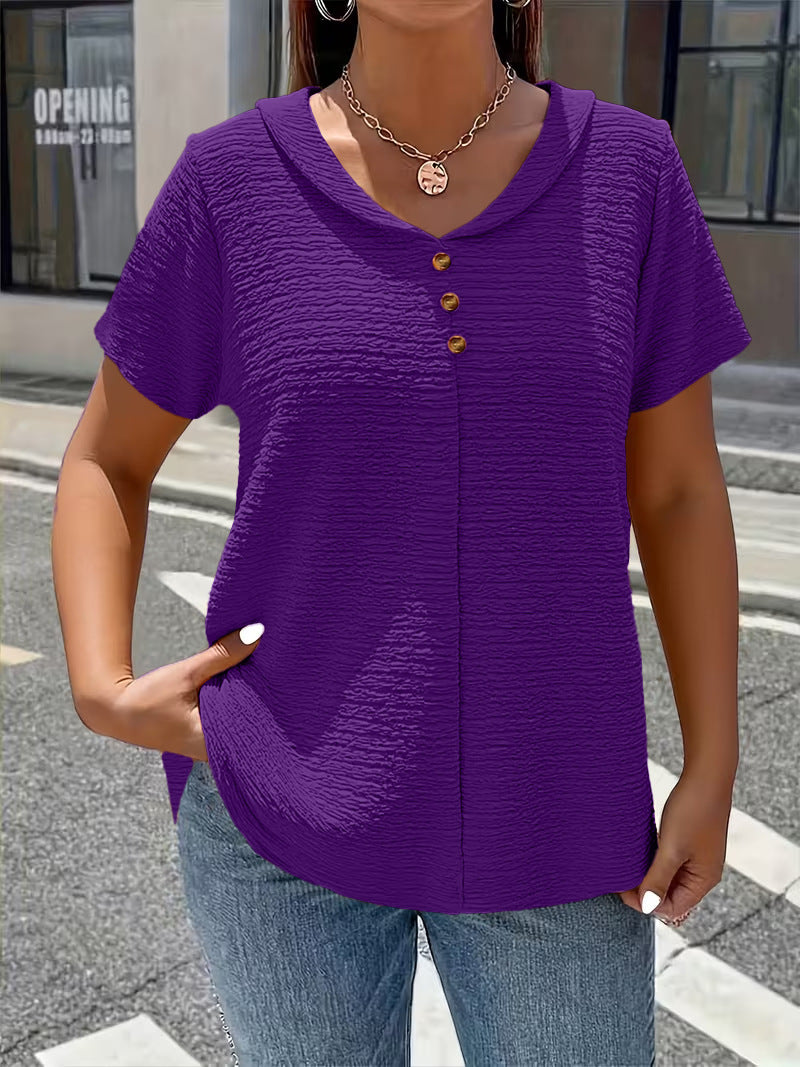 Pleated Fabric Solid-color Faux-button Doll-collar Top T-shirt
