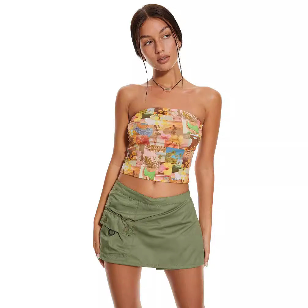Y2k Print Tube Top Kort Vest Europæisk Og Amerikansk Sød Og Krydret