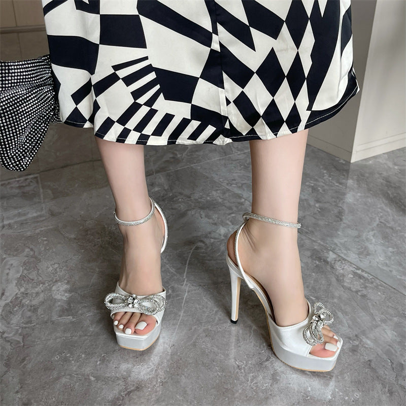 Rhinestone Bow Toe Waterproof Platform Sandals