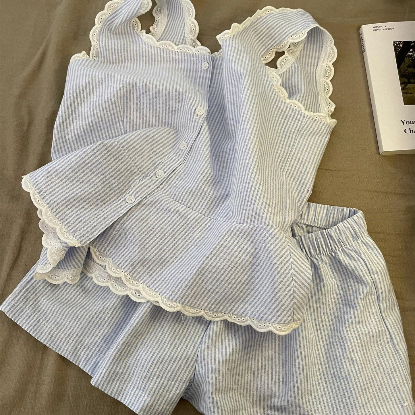 Women's Striped Lace-Trimmed Tank Top And Shorts Set