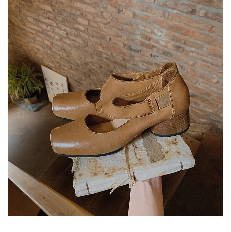 Textured Horsehide Square-toe Chunky-heel Soft-upper Womens Ballet Flats