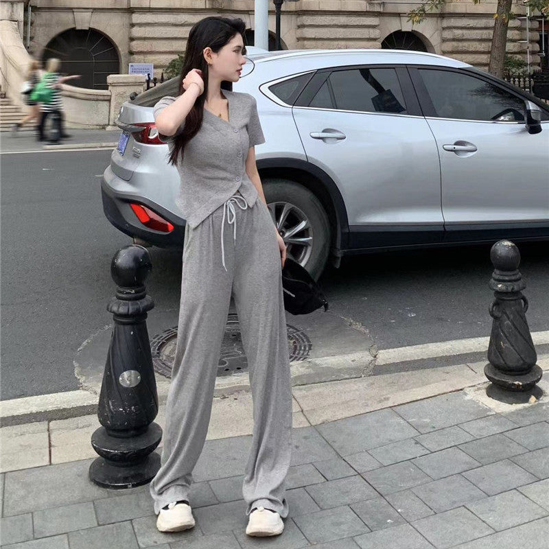 Short Sleeve Cardigan Top And Wide-leg Pants Two-piece Set