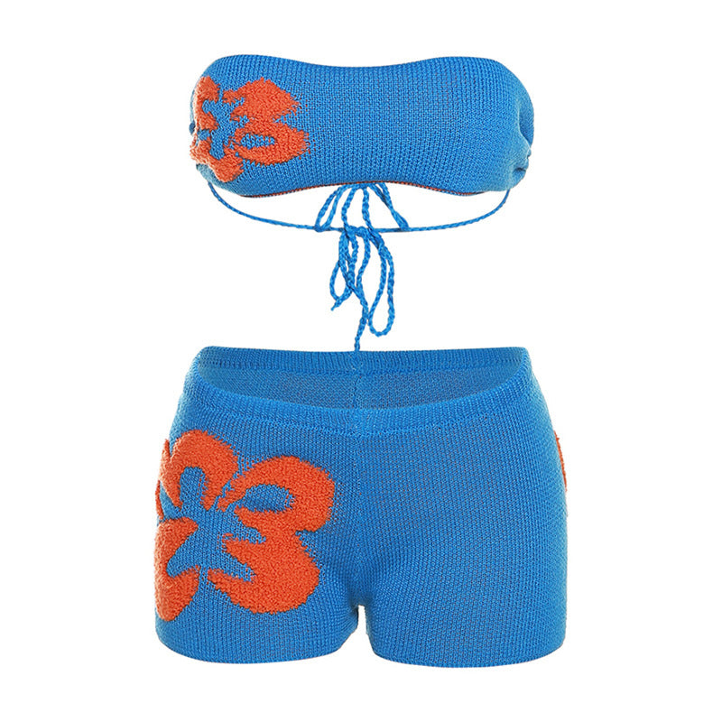 Summer Women's Low Collar Knitted Contrast Color Bandeau Slim-fit Casual Shorts Suit