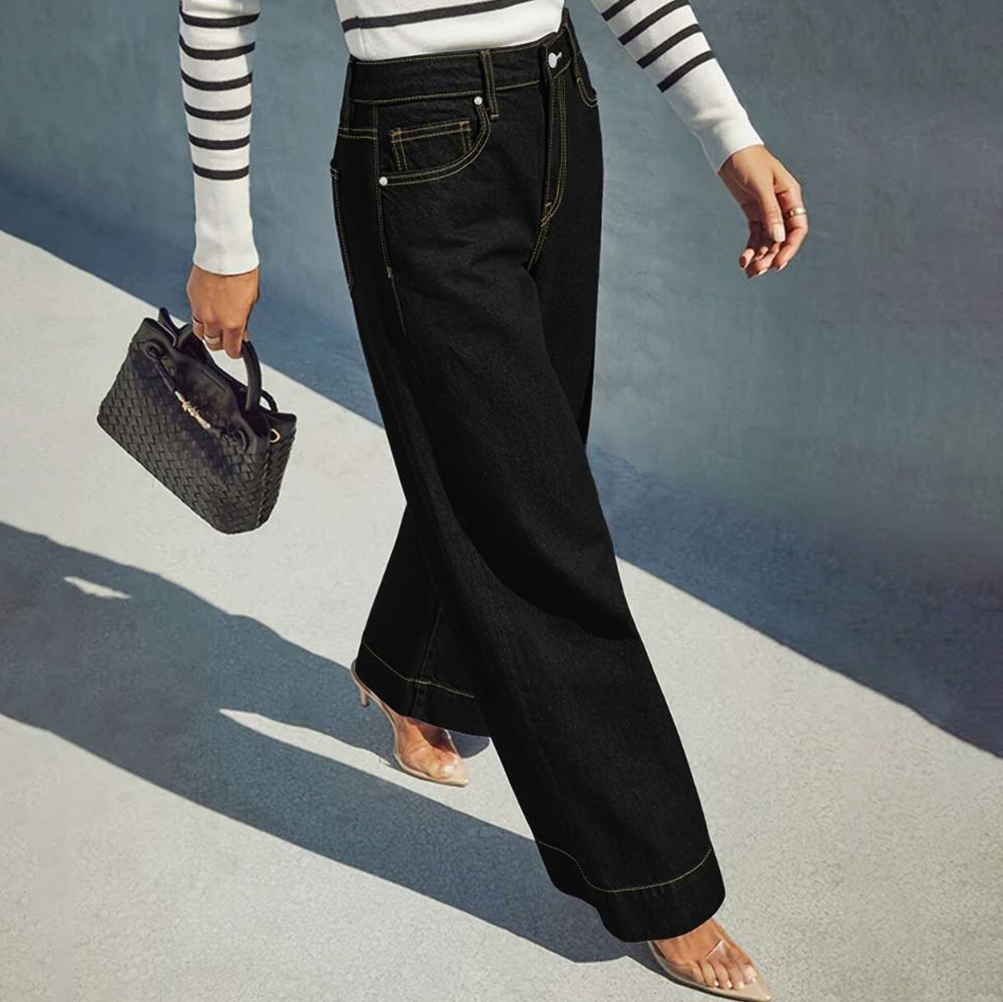 Kvinders stilfulde afslappede sorte wide-leg jeans