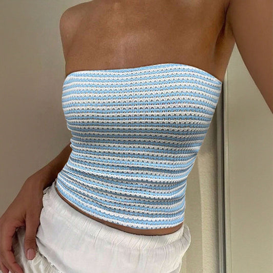 Blue And White Striped Strapless Sleeveless Off-shoulder Cropped Tank Top