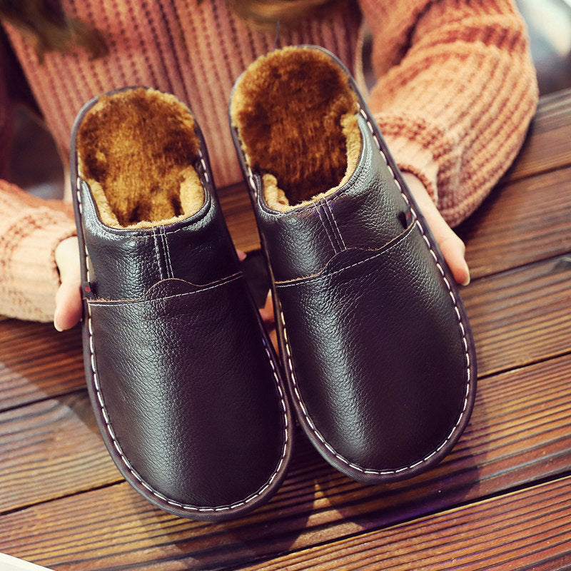 Pure Leather Thermal Cotton Slippers Couple Household Cowhide Waterproof