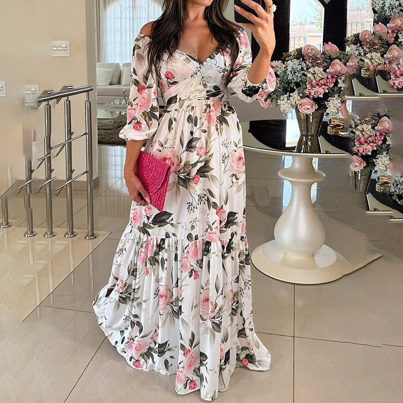 Elegant And Fashionable Womens Printed 34-sleeve V-neck Dress
