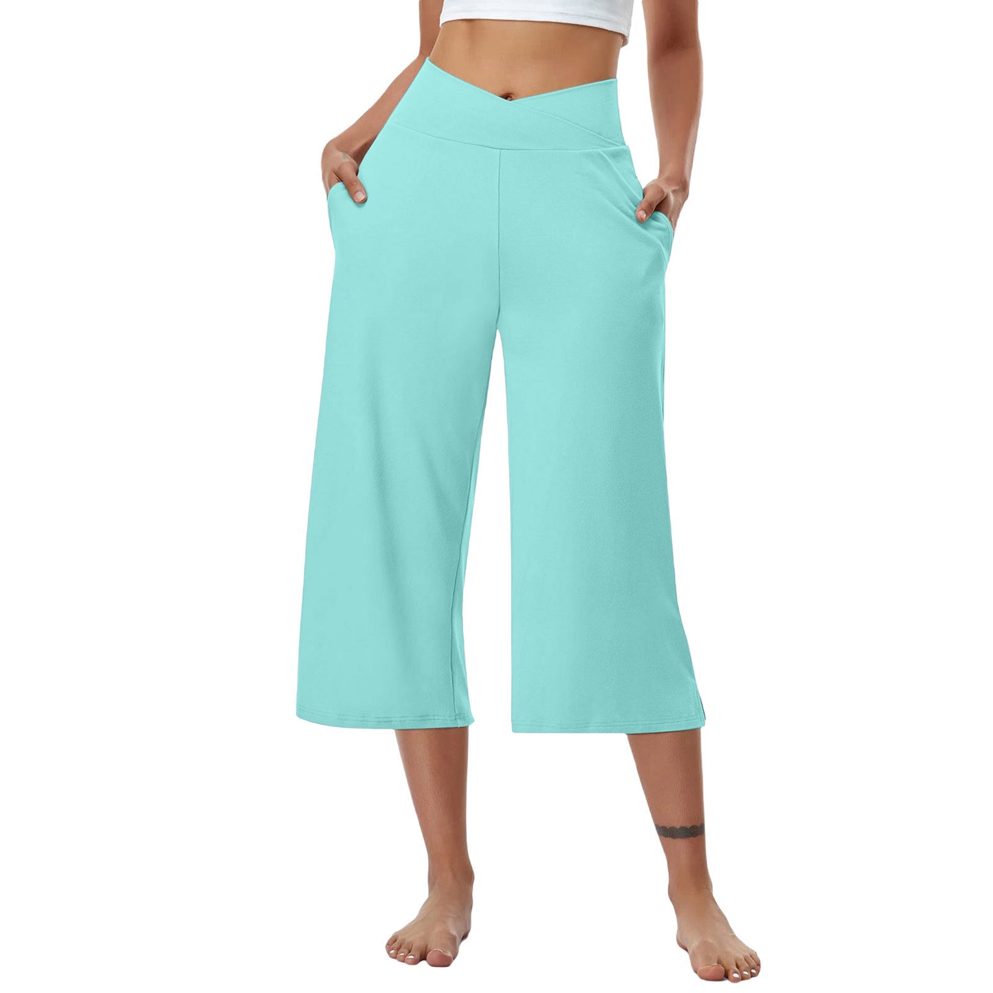 High-Waist Butt-Lifting V-Shaped Waist Wide-Leg Fitness Running Cropped Pants