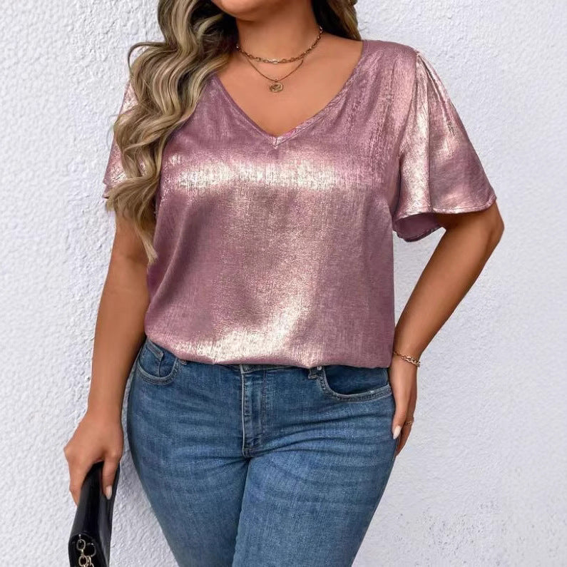 Loose-fit V-neck Solid-color Short-sleeve Top