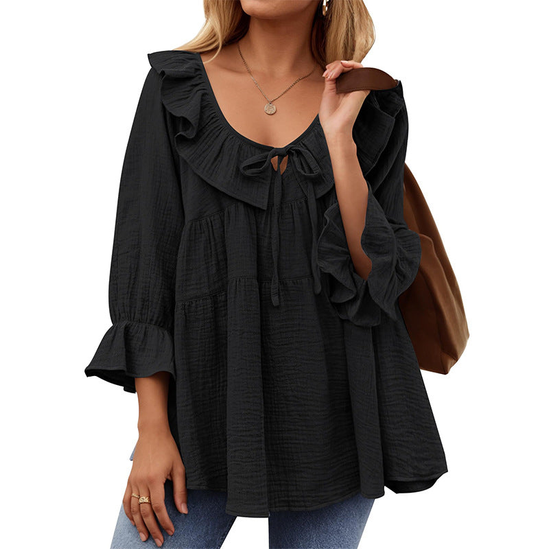 Round Neck Tied Front Dart Multi-layer Loose Waist Shirt