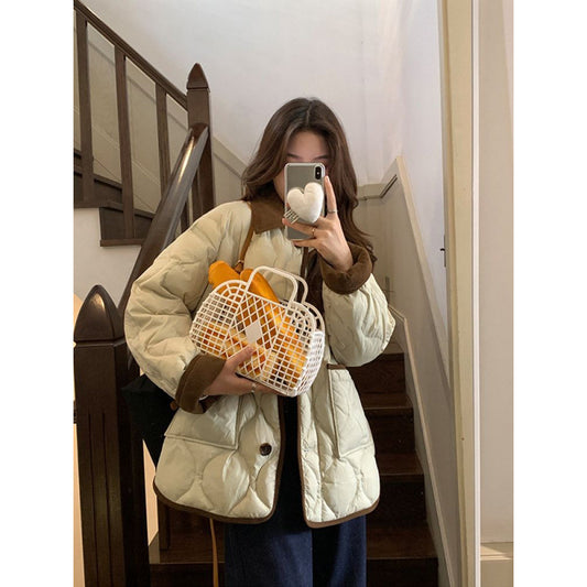 Design Lapel Hit Color Diamond Lattice Winter Coat