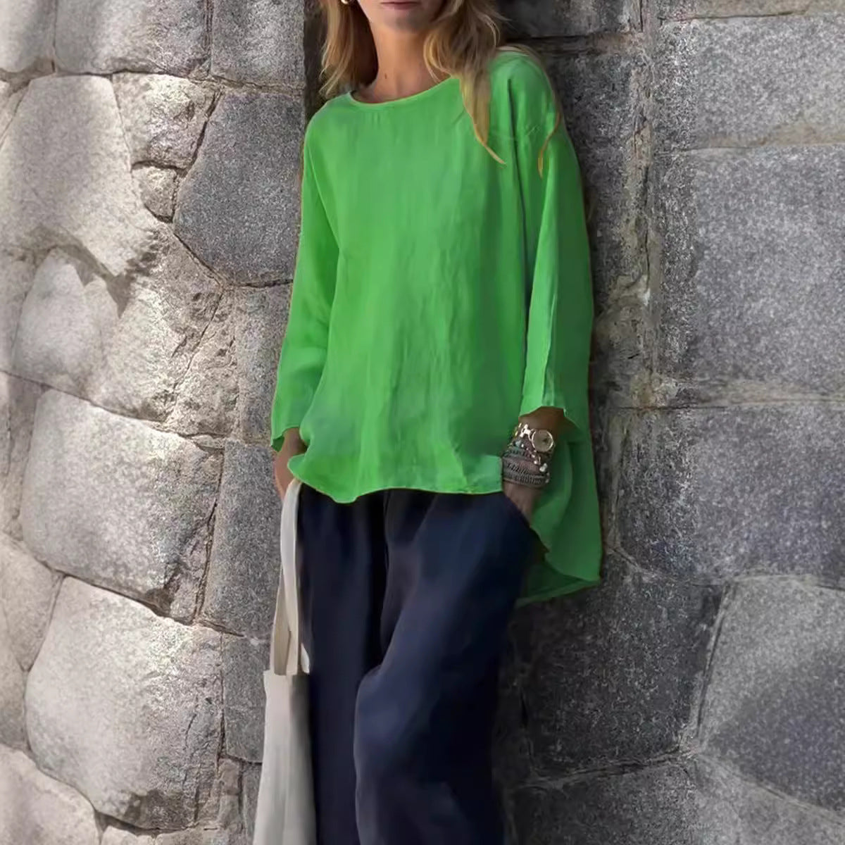 Women's Loose Linen Cotton Round Neck Long Sleeve Shirt