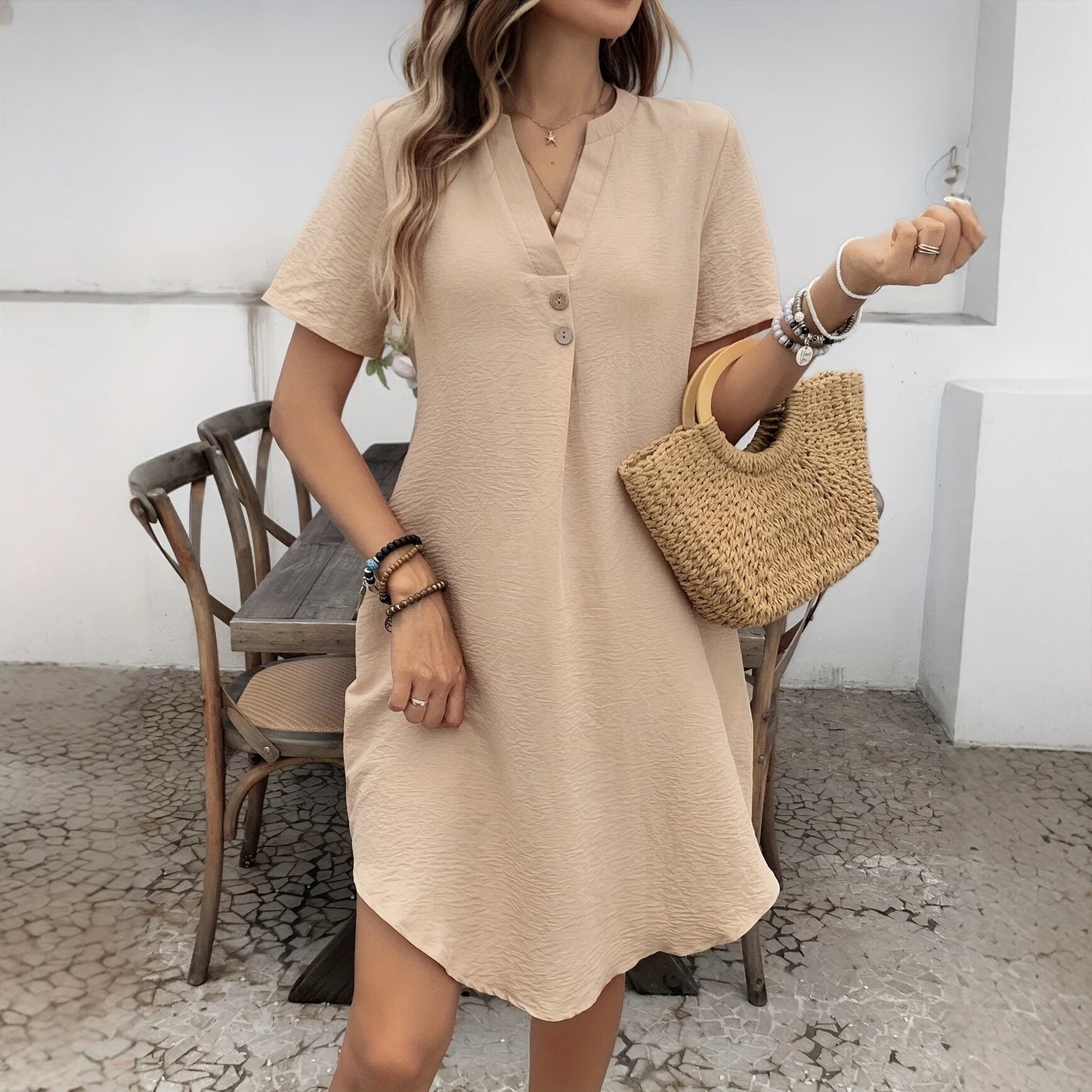 Solid-color Casual Dress Loose-fitting And Slimming