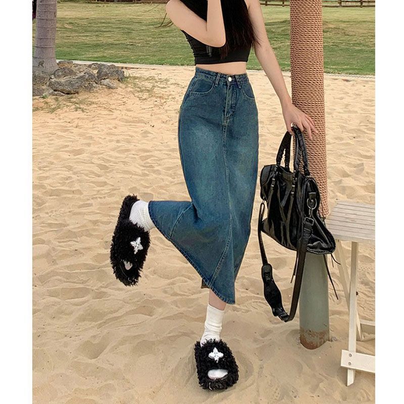High-waisted Slit Denim Skirt A-line Midi Skirt