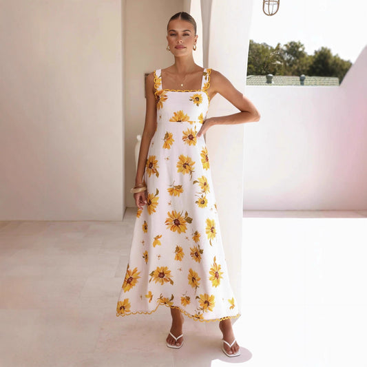 Casual Resort-style Lace Linen Slip Dress