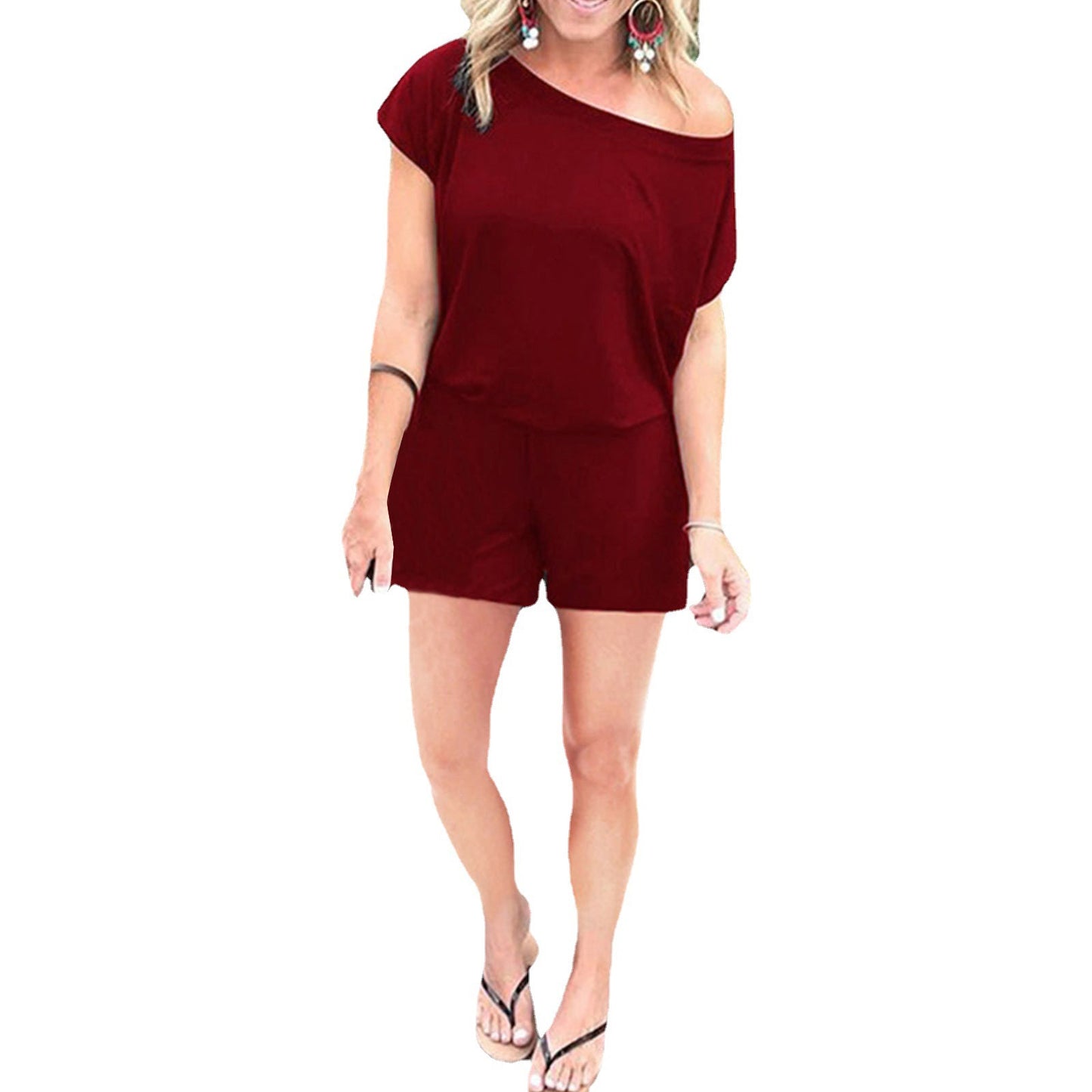 Women's Solid Color Loose Fashion Diagonal Shoulder Short-sleeved Jumpsuit