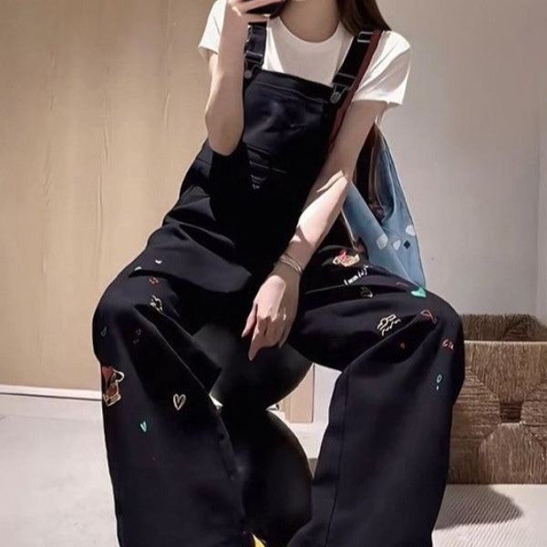 Women's High-Waisted Loose Cartoon-Embroidered Suspender Pants