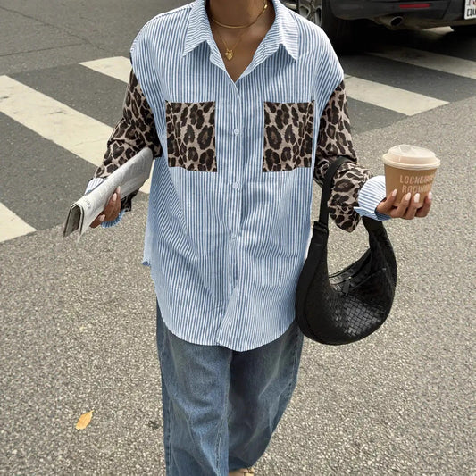 Dame Løs Casual Langærmet Skjorte med Leopardmønstret Patchwork og Striber samt Lomme til Amazon