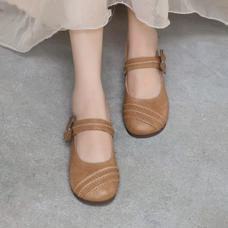 Women's New Soft Shallow Mouth Leather Casual Shoes Literary Retro