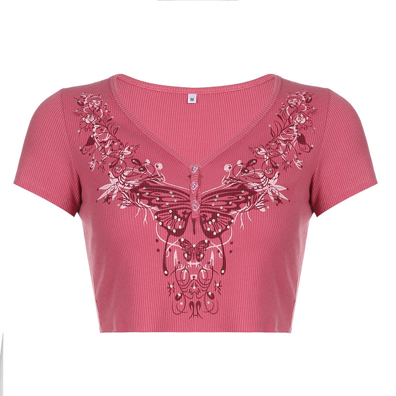 New Distressed Vintage Butterfly Print T-shirt V-neck Top