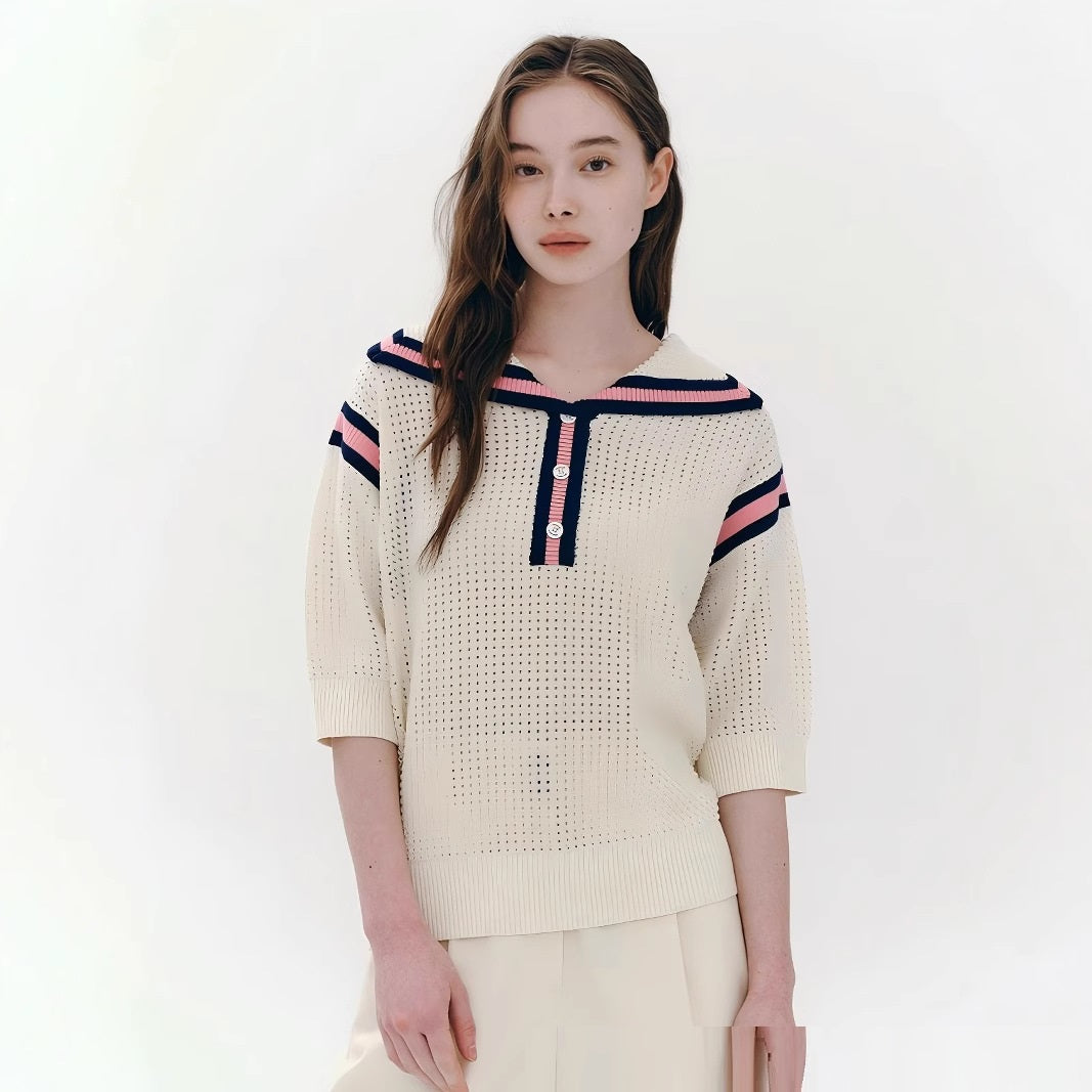 European And American Fashion Casual Preppy Style Collar Color Crocheted Knitted Pullover