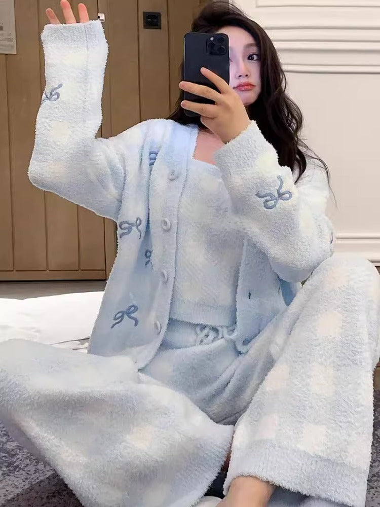 Womens Two-Piece Pajama Set Thin Fleece-Enhanced Loungewear For Spring And Autumn