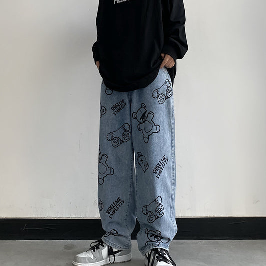 Retro Cartoon Print Casual Loose Wide-leg Straight-leg Pants