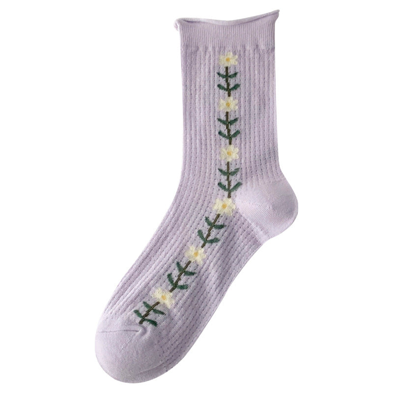 Thin Hollow Mesh Rolled Edge Women's Socks With Small Flowers
