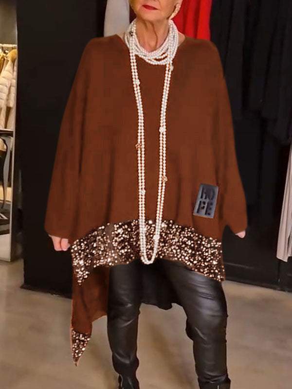 Loose And Irregular Hem Sequin Stitching Round Neck Long Sleeve Top