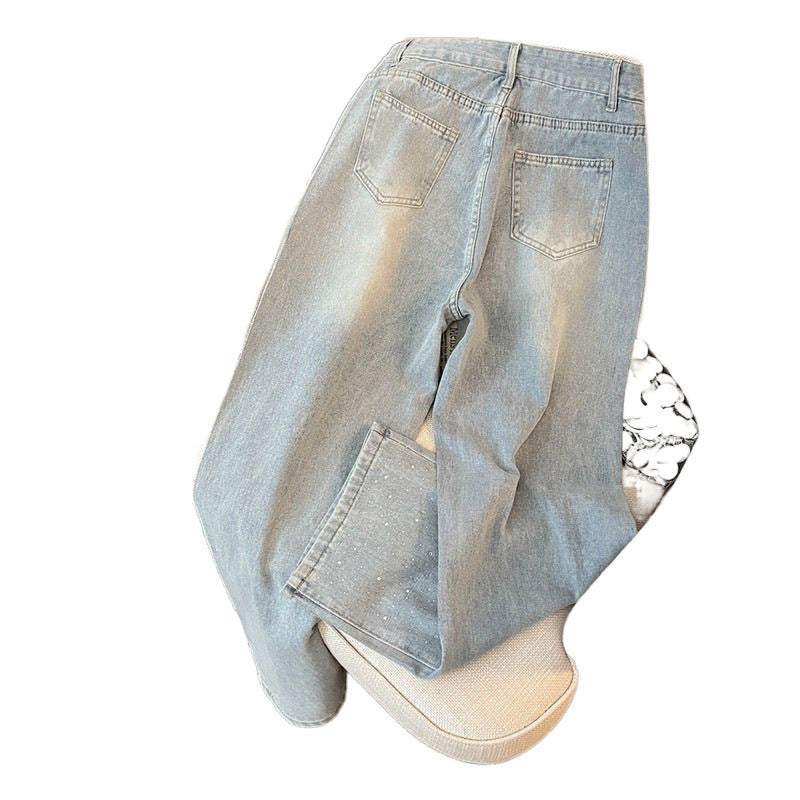 Dame højtaljede, slankende denim bukser med brede ben
