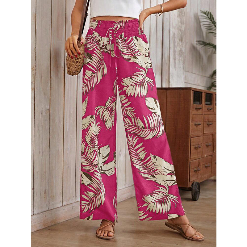 Women's Casual Digital Printing Loose Drawstring High Waist Trousers