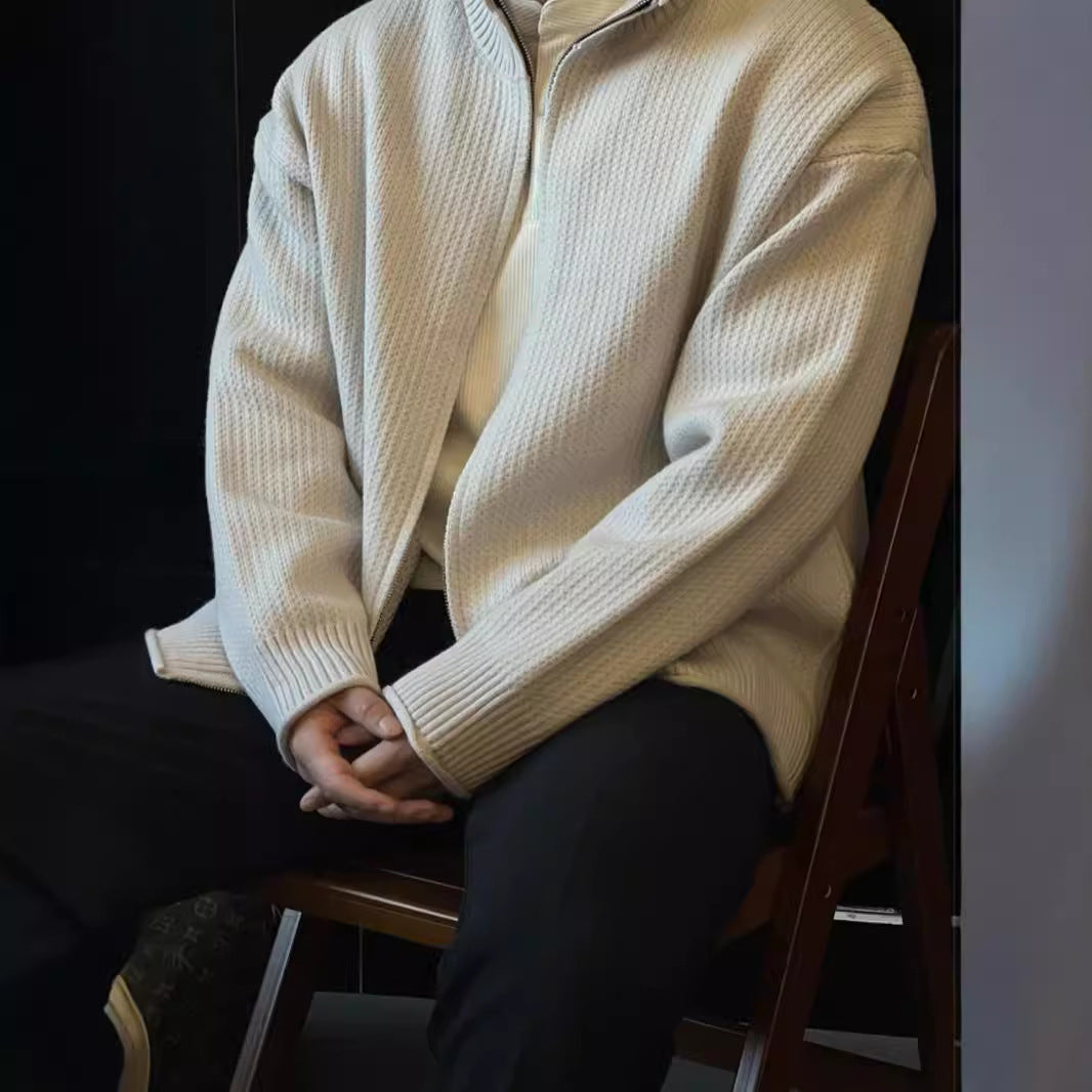 Herre Strikket Cardiganjakke med Høj Krave Vintage Sweater