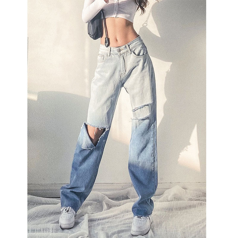 Women's High Waist Loose Shredded Gradient Straight Jeans
