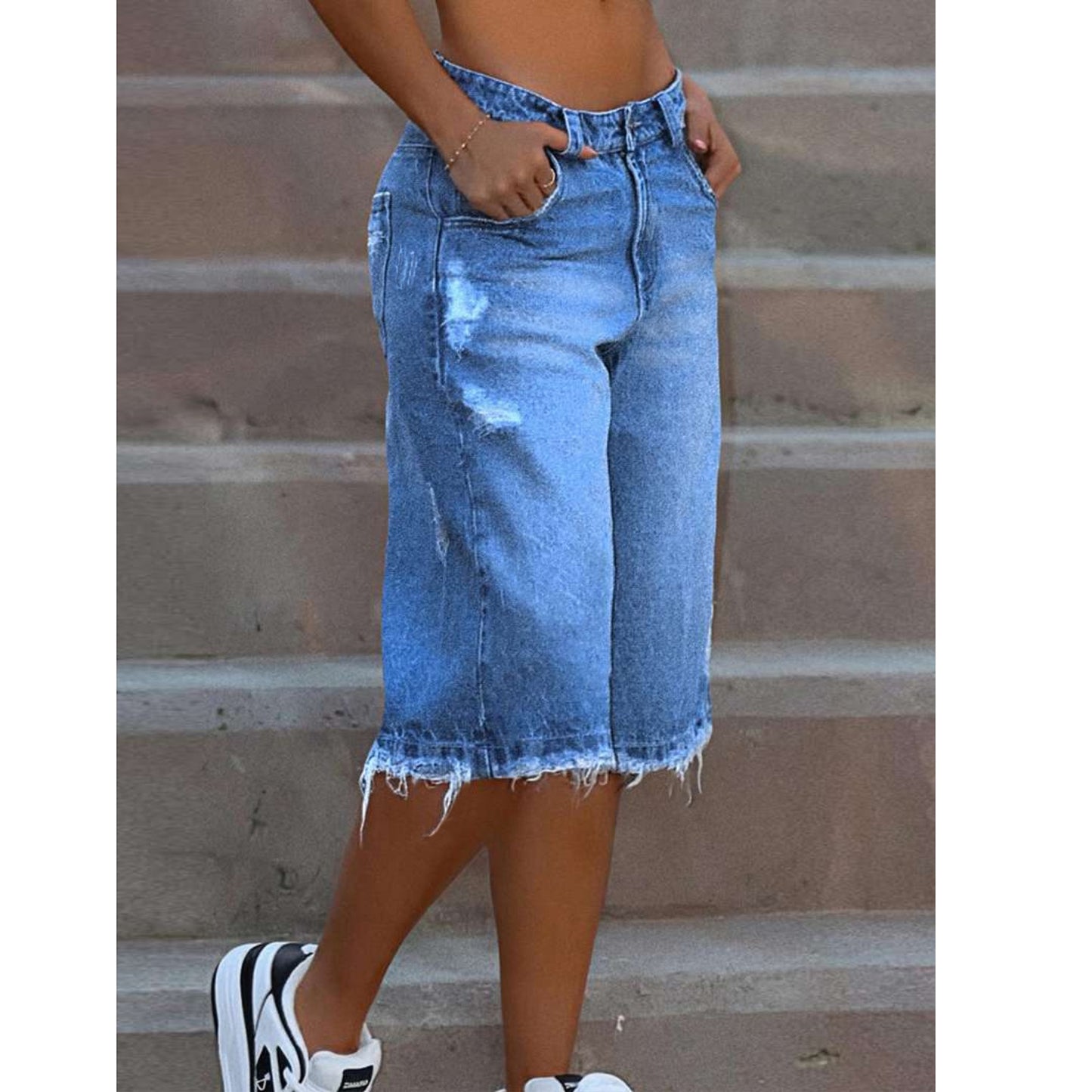 Ripped Denim Shorts With Raw Edges