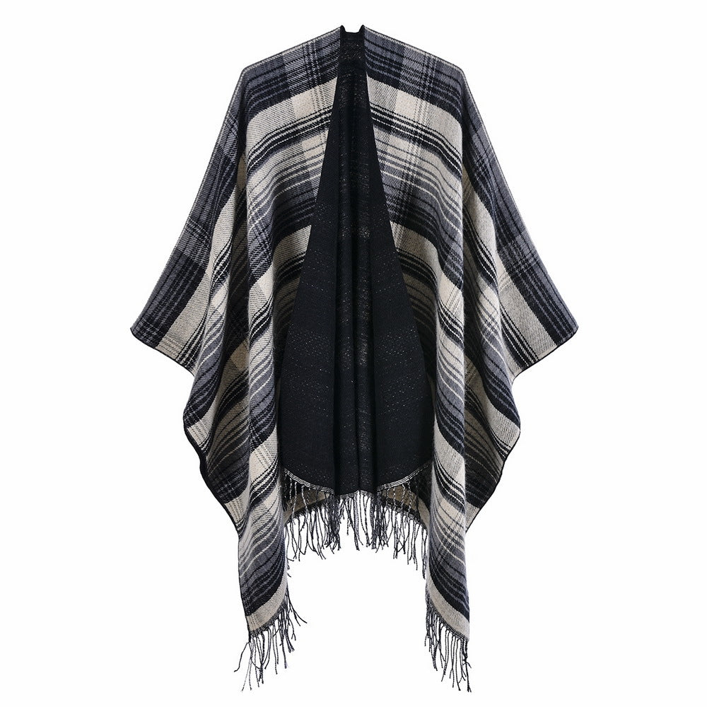 Classic Colorful Plaid Shawl Cape Faux Cashmere Tassel Thickening