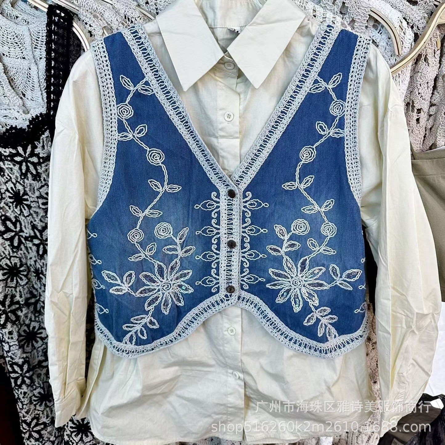 Heavy Industry Crochet Embroidery Denim Waistcoat Vest