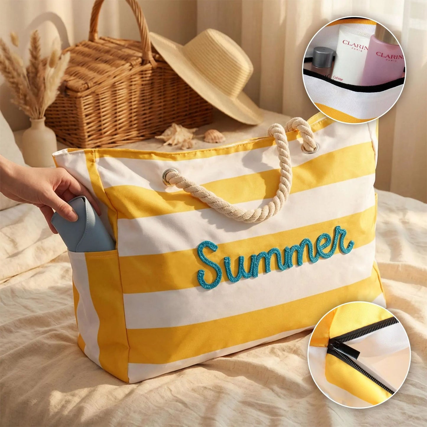 Zippered Beach Tote Bag With Large Capacity For Sand Protection