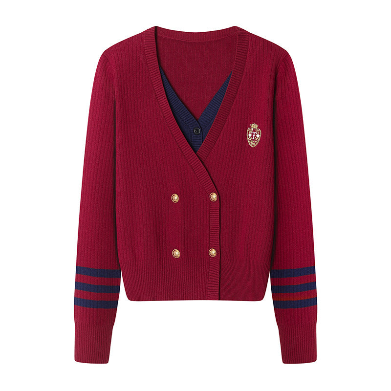 New Preppy Style Age Reduction Fake Two-piece Knitted Women's Sweater
