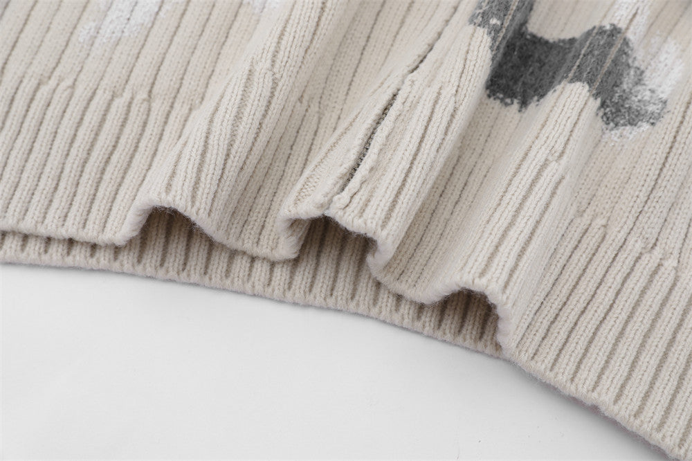 Mænds strikkede cardigan med løs rullekrave og alfabet-graffiti-print – efterårs/vinterfrakke