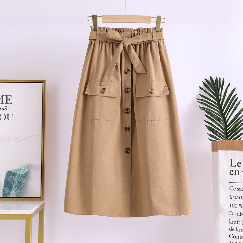 Summer New Artistic Solid Color Buttons Mid-length Skirt Mori Girl Elastic Waist Cotton And Linen A- Line Skirt
