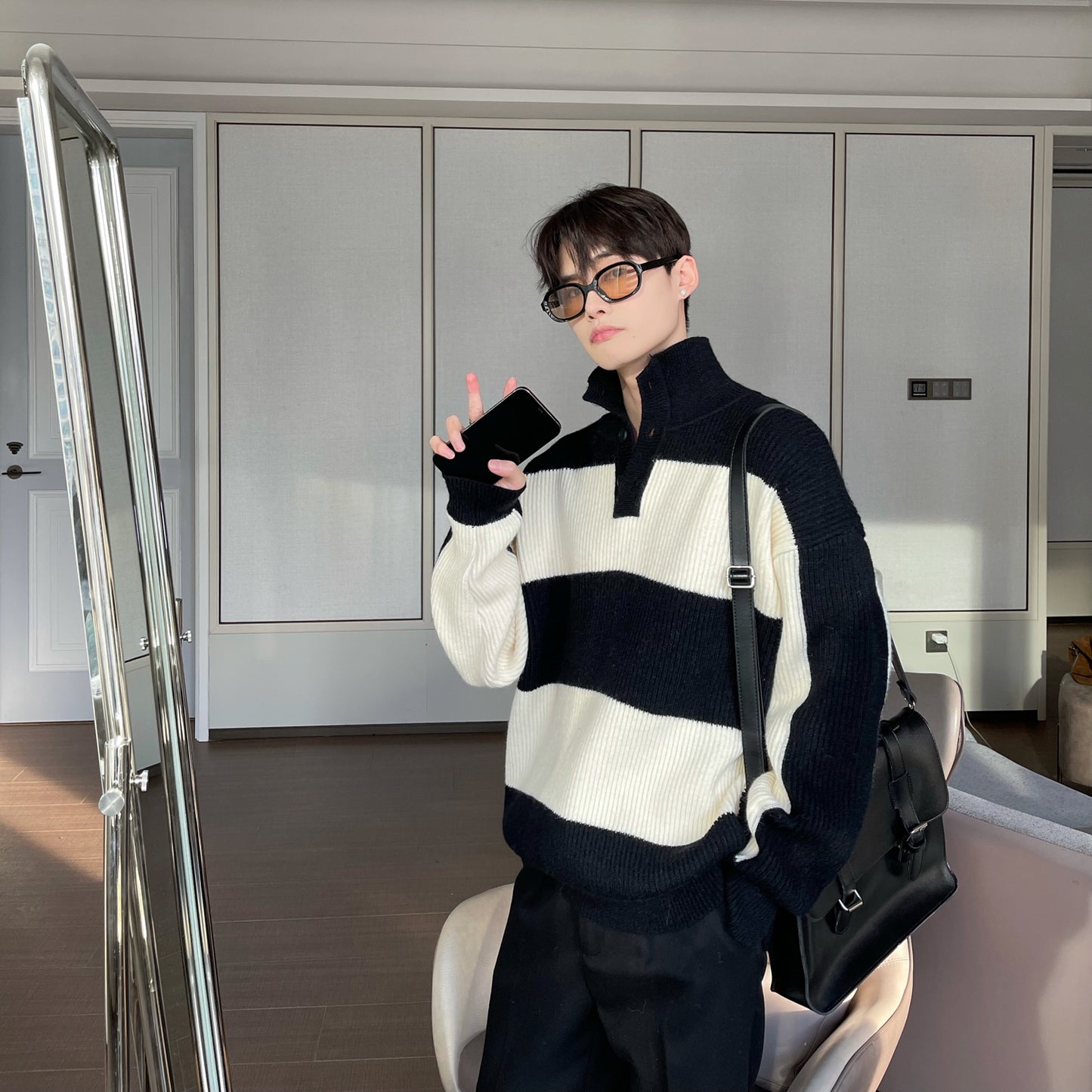 Stribet turtleneck sweater til mænd med kontrastfarve, løs pasform, efterår og vinter