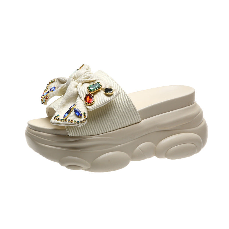 Women's Rhinestone Bow Slip-On High Heel Slippers