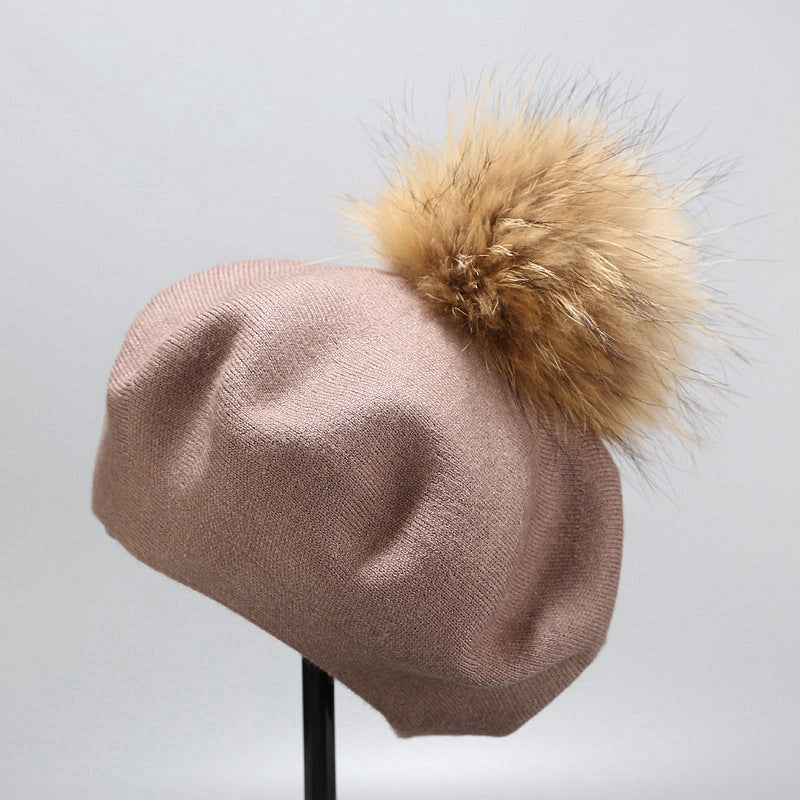 Ins Hat New Real Hair Ball Beret Women