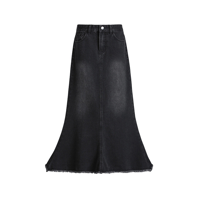 Sort denim fiskehale nederdel til kvinder