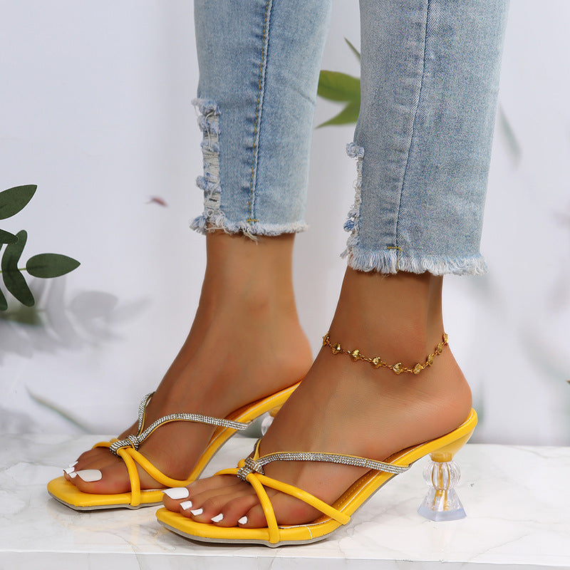 Women's Large Size All Match Rhinestone Square Head Chunky Heel Sandals And Slippers