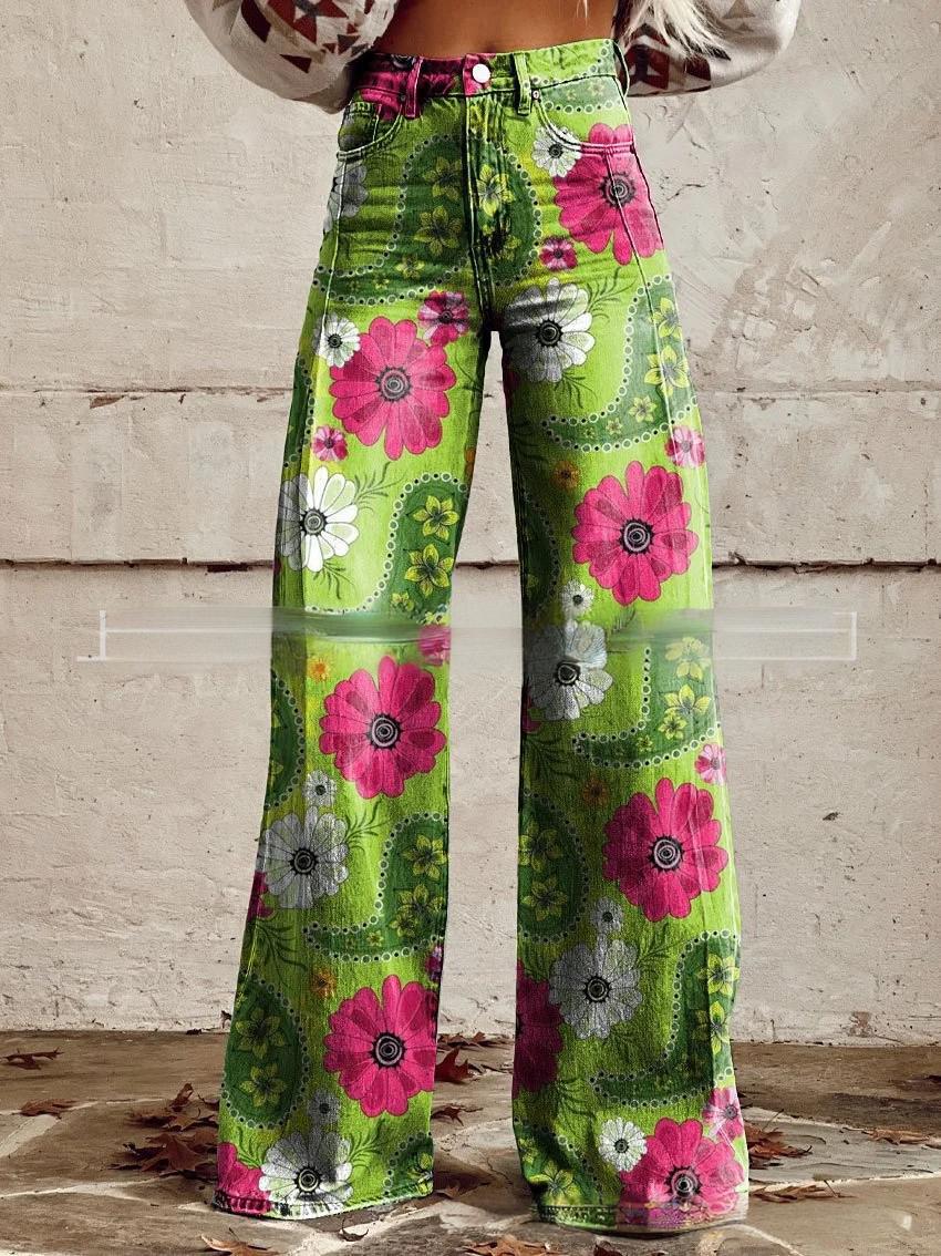 printed Retro Sunflower Guitar Art-style Womens Wide-leg Flared Denim Jeans 3D