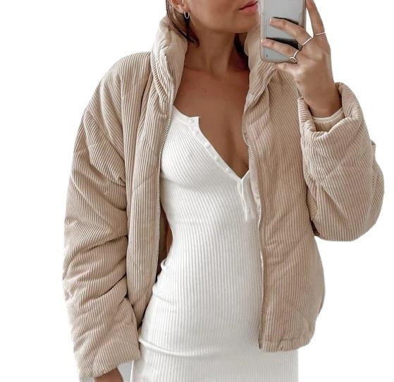 Women's Wadded Stand Collar Long Sleeve Corduroy Zipper Jacket